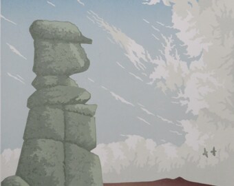 Windswept I lino print of windswept thorn tree rocks moorland and blue sky on Dartmoor
