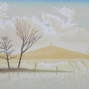 Wenskaart Winter on the Levels: Somerset Levels, Glastonbury Tor, elzen, riet