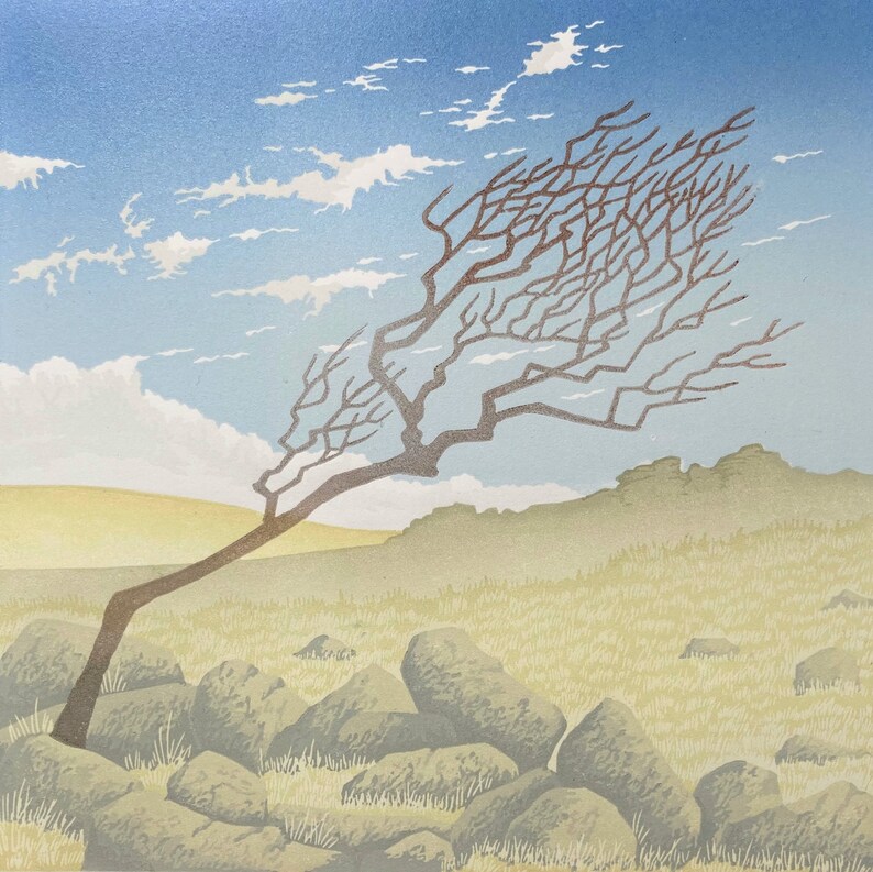 Windswept I lino print of windswept thorn tree rocks moorland and blue sky on Dartmoor