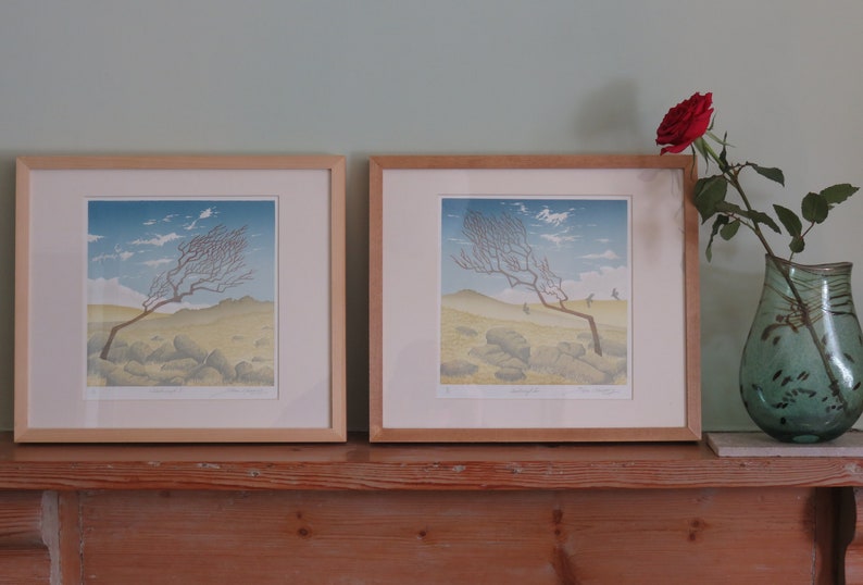 Windswept I lino print of windswept thorn tree rocks moorland and blue sky on Dartmoor