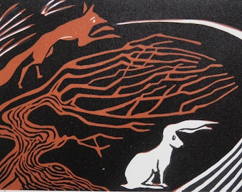 Fox and Hare lino print - thorn tree, hare and running fox.