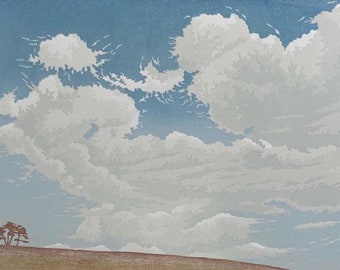 Cloudscape I lino print: clouds, big sky and trees.