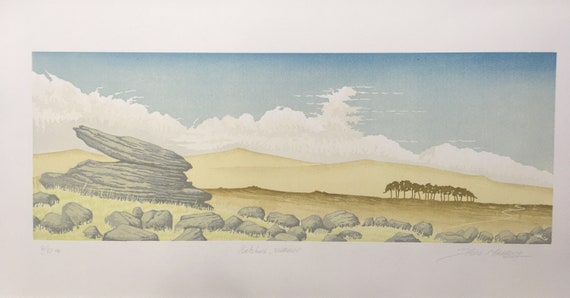 Belstone Summer artist's proof lino print of granite tor trees and moorland on Dartmoor