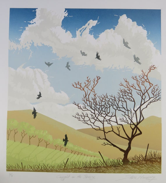 Windswept I lino print of windswept thorn tree rocks moorland and blue sky on Dartmoor