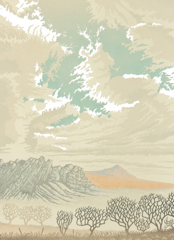 Windswept I lino print of windswept thorn tree rocks moorland and blue sky on Dartmoor