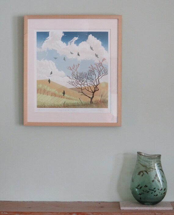 Windswept I lino print of windswept thorn tree rocks moorland and blue sky on Dartmoor