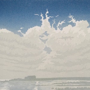 Lino print of a small harbour with sunlight reflected on the water and big clouds above.