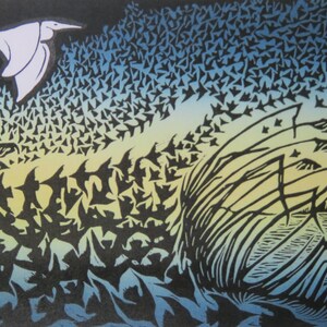 Murmuration III greetings card: starlings, great white egret, reeds, sunset, Ham Wall, Somerset Levels