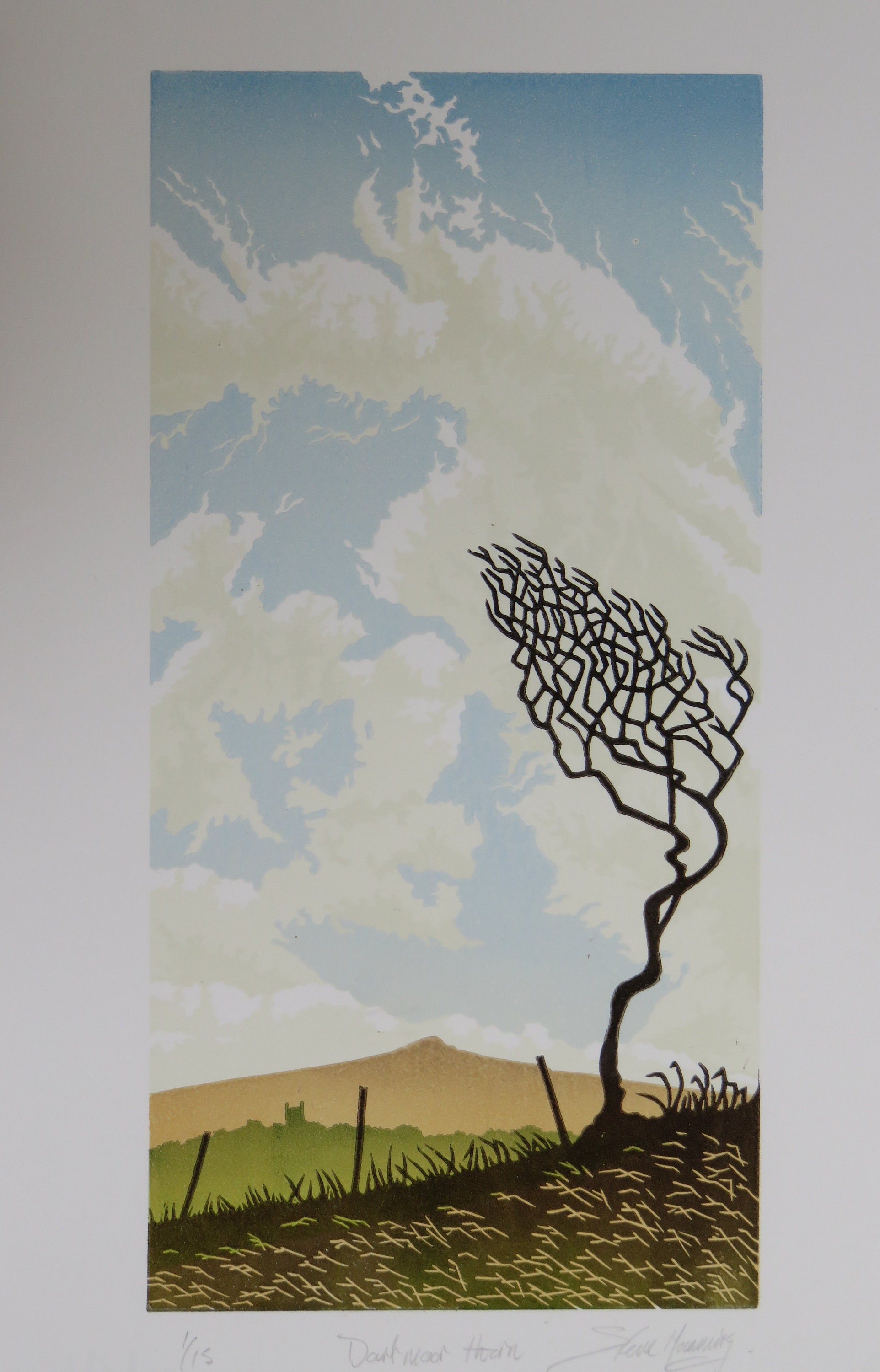 Windswept I lino print of windswept thorn tree rocks moorland and blue sky on Dartmoor