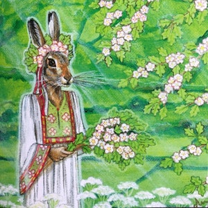 La déesse à Beltane. Carte de voeux. Lièvre. païen.