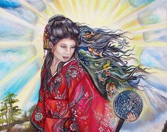 8x10インチのプリント、天照大御神の墨絵水彩画 - Etsy 日本