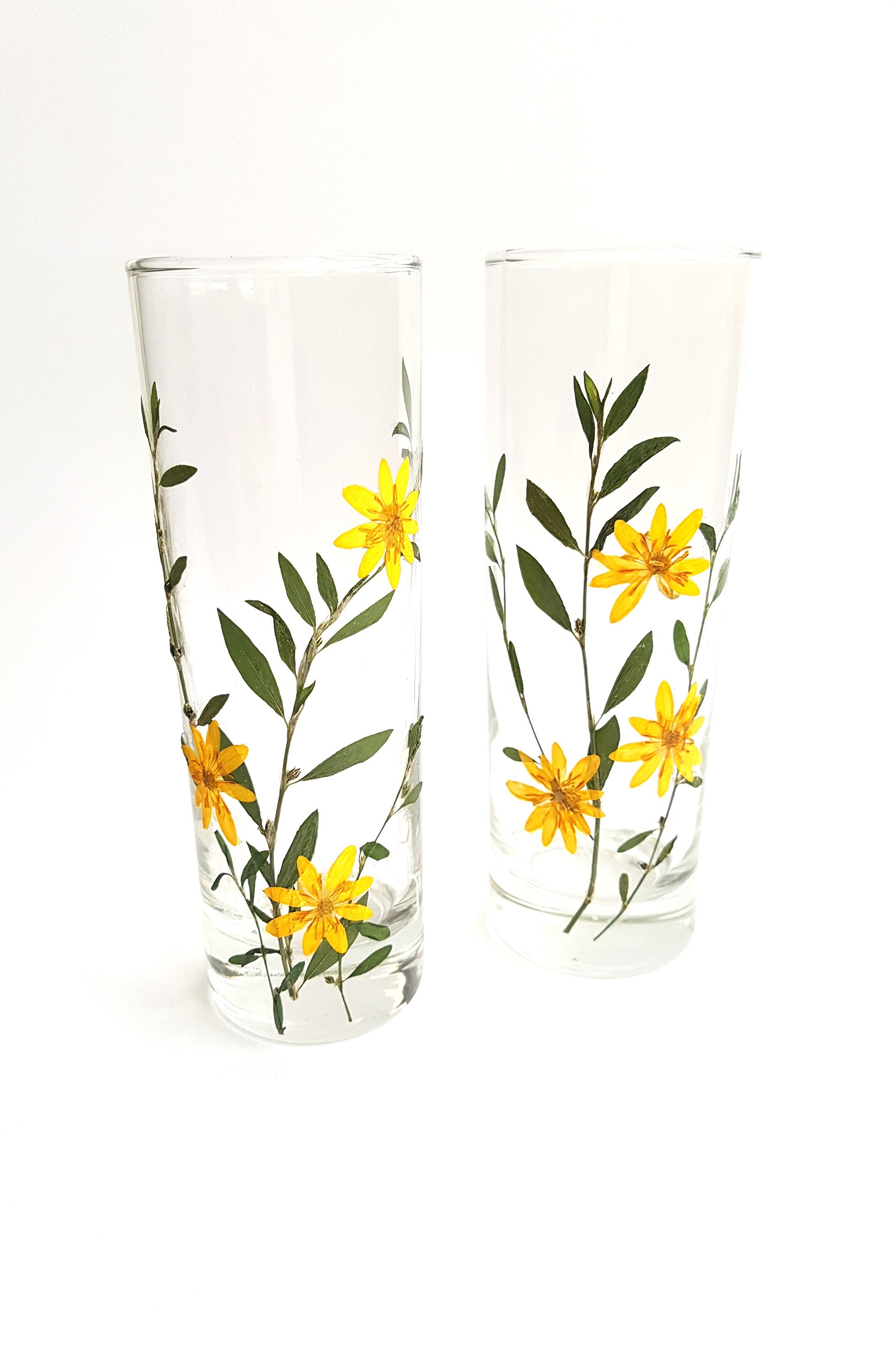 Pressed Flowers Glasses Water Glasses Hand Painted Glasses Drink ware Glassware,Drinkin g Glasses,Set of 2,Christmas gift Juice Glasses