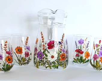 Handgemalte Set Karaffe und 4 Gläser, Set für Getränke, Wasser, Stemless Gläser, Neues Haus Geschenk, Muttertagsgeschenk, Wildblumen.