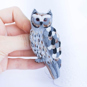 Brooch owl grey gift clay sister gift for mom animal woodland cute for the owl lover bird on shirt blue on the dress unique like a living image 1