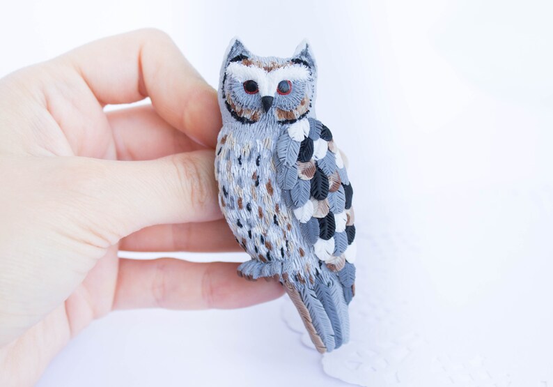 Brooch owl grey gift clay sister gift for mom animal woodland cute for the owl lover bird on shirt blue on the dress unique like a living image 1