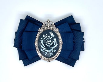 Blue rose brooch bow blue brooch, ribbon brooch, shirt brooch, classic collar brooch for a coat blouse extravagant black gray rose cameo