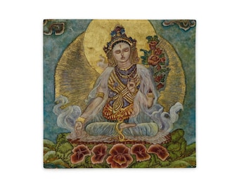 Funda de almohada Tara blanca, funda de almohada decorativa, funda de almohada de tiro de diosa budista, almohadas de diseñador de pintura originales, decoración Tara