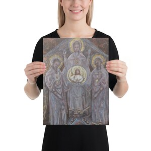 May include: A painting depicting a religious scene with three figures. The central figure is a man with a halo, surrounded by two women, also with halos. The painting is done in a muted color palette with shades of gray, blue, and gold.