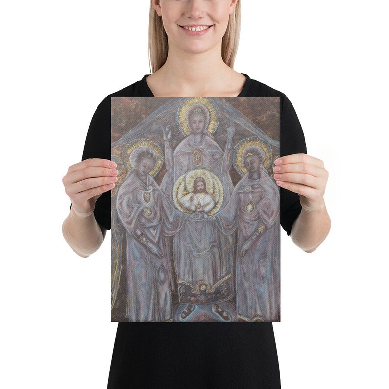 May include: A painting depicting a religious scene with three figures. The central figure is a man with a halo, surrounded by two women, also with halos. The painting is done in a muted color palette with shades of gray, blue, and gold.