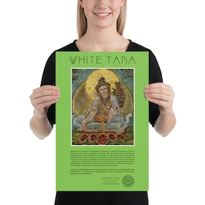 Cartel verde budista de Tara blanca, cartel impreso de la diosa de la compasión, decoración de la pared budista, cartel estético del budismo, arte sagrado