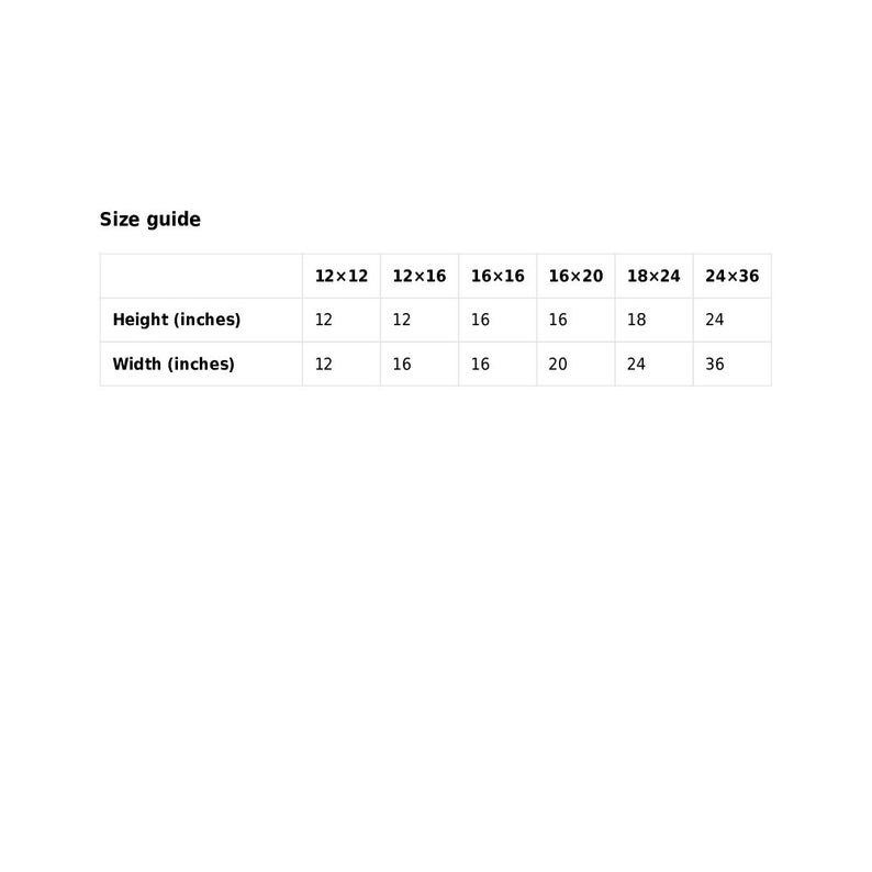 May include: Size guide for printed canvas prints. The table shows the dimensions in inches for different sizes, ranging from 12x12 inches to 24x36 inches.