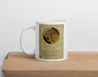 Healing Hands Medicine Wheel Mug, Buddha Meditation Coffee Mug, Circle of Life, Sacred Buddhism Religious Mug, Tibetan Buddhist Gift