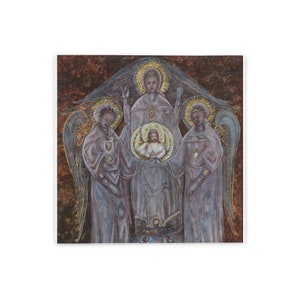 May include: A painting depicting three angels with golden halos, two flanking a central angel holding a smaller figure of Jesus in a circle. The angels are dressed in flowing robes with intricate details, and the background is a dark brown with gold accents.