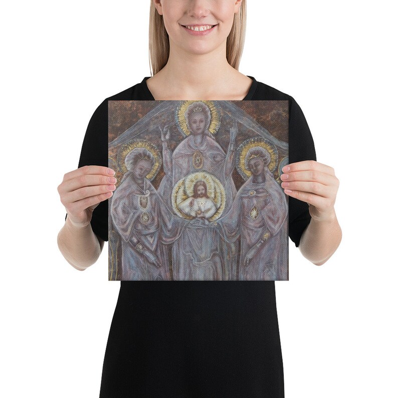 May include: A painting depicting a religious scene with three figures. The central figure is a woman with a halo, holding a child in her arms. The child also has a halo. The figures are surrounded by a golden glow.