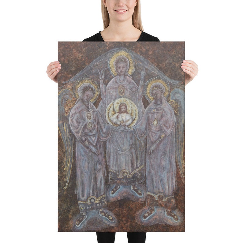 May include: A painting depicting three figures with halos, two angels flanking a central figure holding a child. The figures are painted in shades of blue and white against a dark brown background.