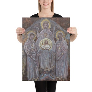 May include: A painting of three figures with halos, two angels flanking a central figure with a halo and a smaller figure in the center. The figures are depicted in a soft, muted color palette of blues, grays, and golds. The background is a dark brown.