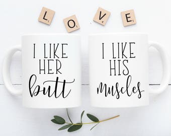 I Like Her Butt - I Like His Muscles - Couples Mug - Workout - Gym Partners - Gifts For Husband - Gifts For Wife