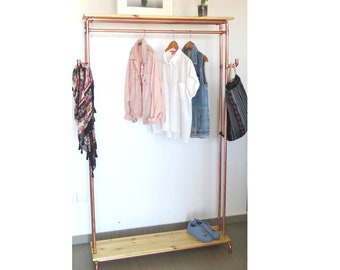 Large Copper Rack Designed for Heavy Garments and Wedding Gowns = Top + Bottom Wood Shelf + Hooks