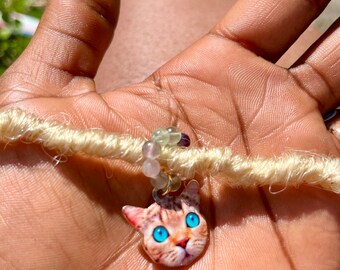 Hair Loc Jewelry- Handmade- Rainbow Flourite Crystals- Tigers Eye Crystals- cat charm- healing - spiritual- stretchy - adjustable