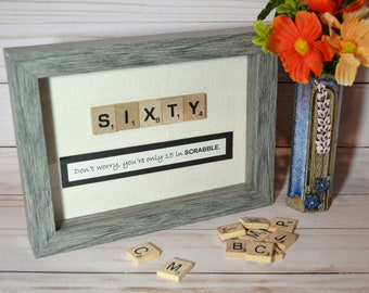 60th Birthday Scrabble Tile Art, Milestone Gift Shadow Box