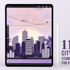 112 Cityscape procreate stamp brushes, City Sky line brushes for procreate, Building light stamps, Speed Painting, Procreate brushes, iPad