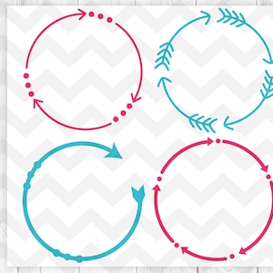 May include: Four circular arrow designs, two in pink and two in blue. The pink arrows are dotted and the blue arrows have feather-like details.