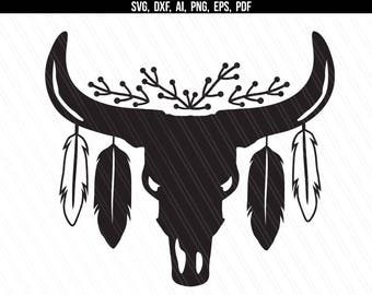 Teschio di mucca con piume svg dxf, Piume di teschio di toro svg, Testa di teschio di mucca floreale, File tagliati silhouette Cricut - svg,dxf,png,pdf,eps,ai