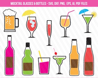 May include: A set of 10 colorful mocktail glasses and bottles, including a beer mug, a martini glass, a champagne flute, a tall glass, a margarita glass, and various bottles. The glasses and bottles are all outlined in black and have a variety of colors, including red, green, yellow, orange, and pink.