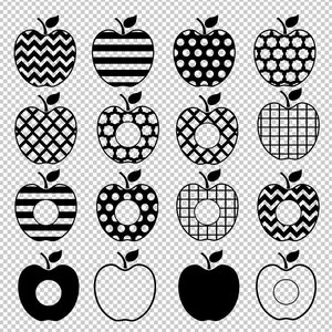 May include: Set of 16 black and white apple clip art images. The apples feature various patterns including polka dots, stripes, zigzags, and checkered designs. Some of the apples have a circle cut out of the center.
