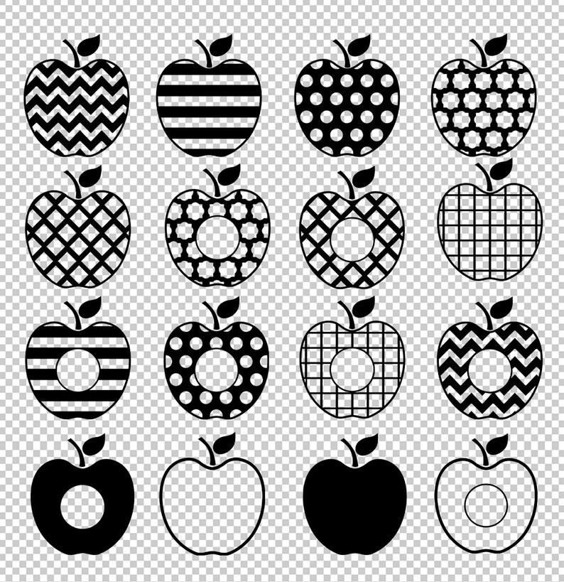 May include: Set of 16 black and white apple clip art images. The apples feature various patterns including polka dots, stripes, zigzags, and checkered designs. Some of the apples have a circle cut out of the center.