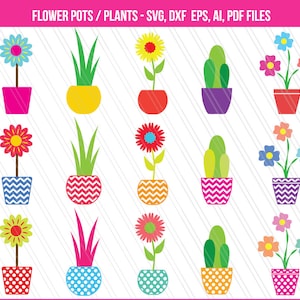 Może przedstawiać: Zestaw 18 kolorowych plików SVG do cięcia z motywem doniczek i roślin. Wzory obejmują różnorodne kwiaty, rośliny i doniczki z wzorami w kropki, chevron i jednolite.