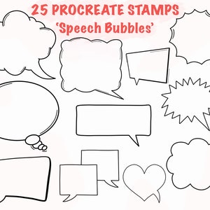 May include: A set of 25 Procreate stamps featuring various speech bubble shapes, including a cloud, rectangle, starburst, and heart. The stamps are black and white and are designed for use in digital art and design.