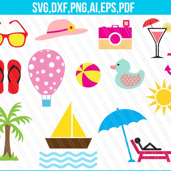 Strand Svg, Zomer strand svg, Flipflop, heteluchtballon, Hallo zomer svg, camera, strand, boom, zon svg - Svg, dxf, ai, pdf, eps, png