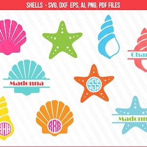 May include: A set of eight SVG cut files featuring a variety of seashells and starfish. The designs include a pink seashell, a green starfish, a blue seashell, an orange seashell, a yellow seashell, a red seashell, and two blue starfish. The designs are perfect for creating personalized crafts, home decor, and more.