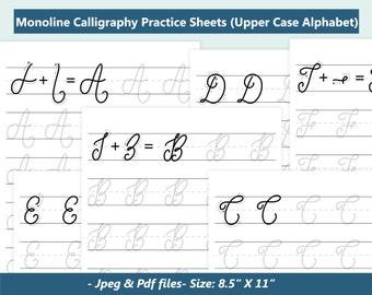 May include: Monoline calligraphy practice sheets for the upper case alphabet. The sheets feature examples of letters A through C, with practice lines and letter formation guides. The size is 8.5" x 11".