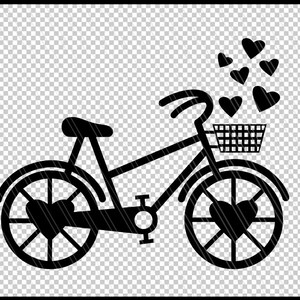 May include: A black bicycle with a basket on the handlebars. The basket is filled with hearts. The bicycle has a heart-shaped design on the front wheel.