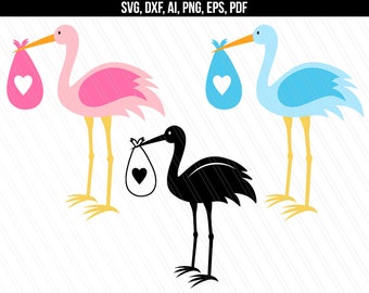 May include: Three stork silhouettes, one pink, one blue, and one black, each carrying a white heart-shaped bag. The pink and blue storks have yellow beaks and legs.