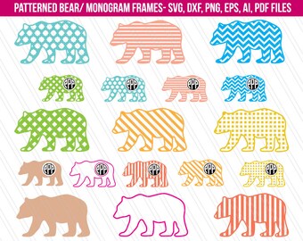 Bear SVG cutting files, Bear Svg, Patterned Bear clipart, Nursery decor, Bear Monogram SVG,Bear chevron Vector,animal Svg,ai,pdf,eps,dxf,png