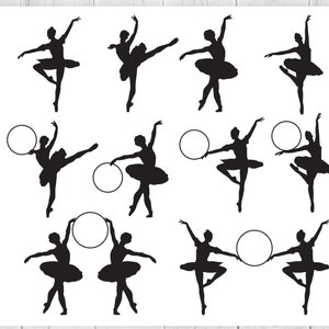 May include: Silhouettes of ballerinas in various poses, some holding a hoop. The ballerinas are wearing tutus and are all facing forward.