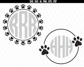 Dog Paw circle monogram frame svg, Paw print svg, Paw monogram, Cricut Silhouette , Screen Printing, Vinyl Cutting- svg,dxf,ai,eps,png,pdf